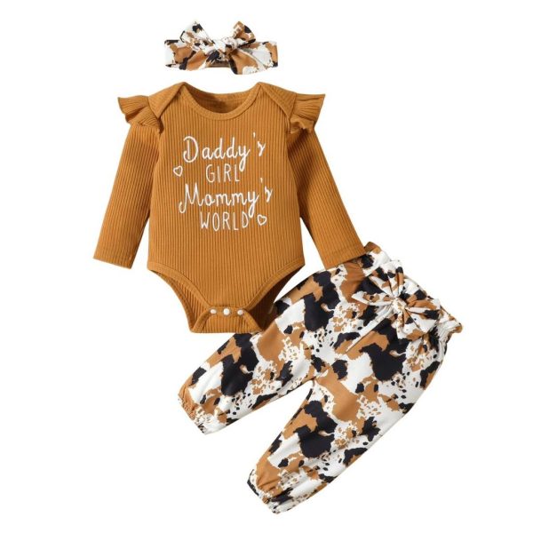 brown 3Pcs set baby girl animal print outfit