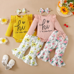 bow puffer onesie and flare pant baby outfits