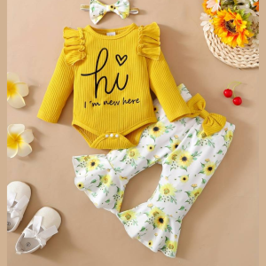 mustard bow puffer onesie and flare pant baby outfit