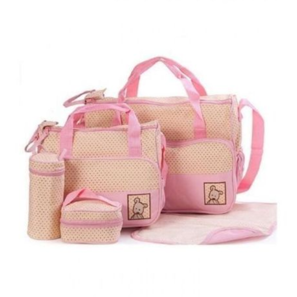 pink 5-piece set dotted baby diaper bag