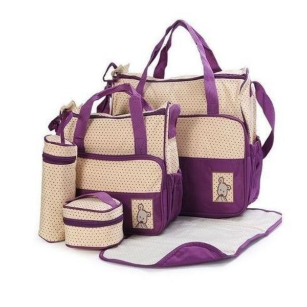 purple 5-piece set dotted baby diaper bag