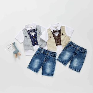 boys' bowtie 2-piece shirt and denim short set