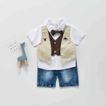 brown boys' bowtie 2-piece shirt and denim short set