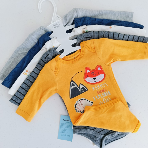 unisex 5 piece set long sleeved baby bodysuits