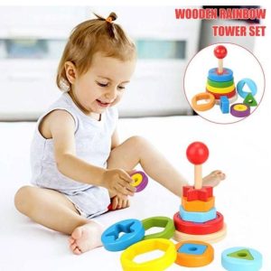 Wooden Rainbow Tower With Shapes