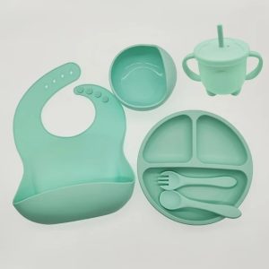 6Pcs Silicone Baby Feeding Set with Suction Bowl, Suction Plate, Bib, Cup, Spoon and Fork